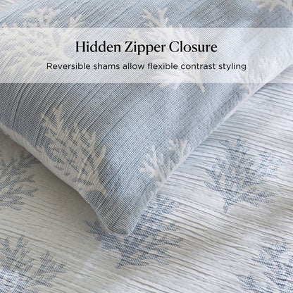 Mia Coastal Coral Reversible Jacquard Quilt Set | 3 - Piece | Blue - Quahog Bay Bedding