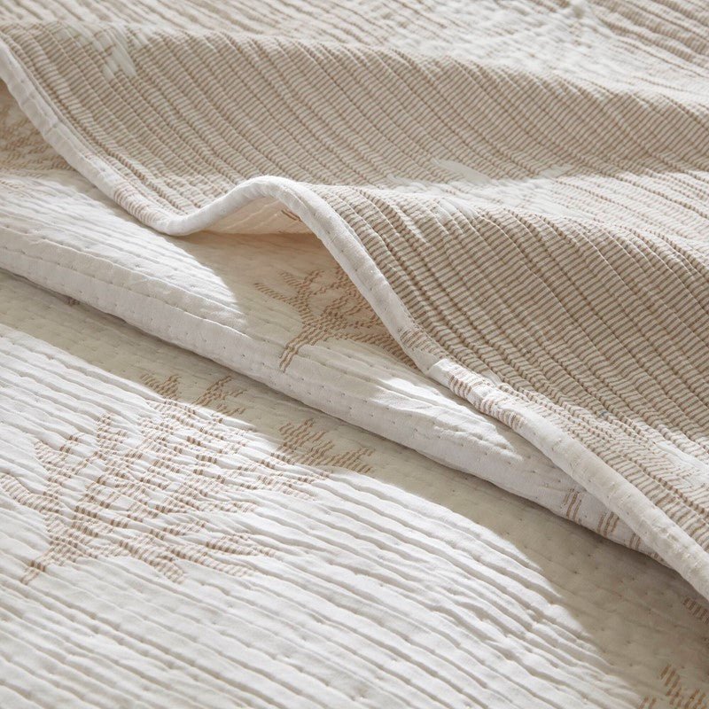 Mia Coastal Coral Reversible Jacquard Quilt Set | 3 - Piece | Tan/Grey - Quahog Bay Bedding