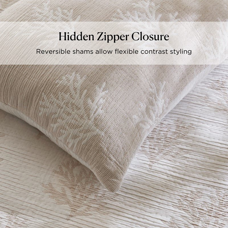 Mia Coastal Coral Reversible Jacquard Quilt Set | 3 - Piece | Tan/Grey - Quahog Bay Bedding