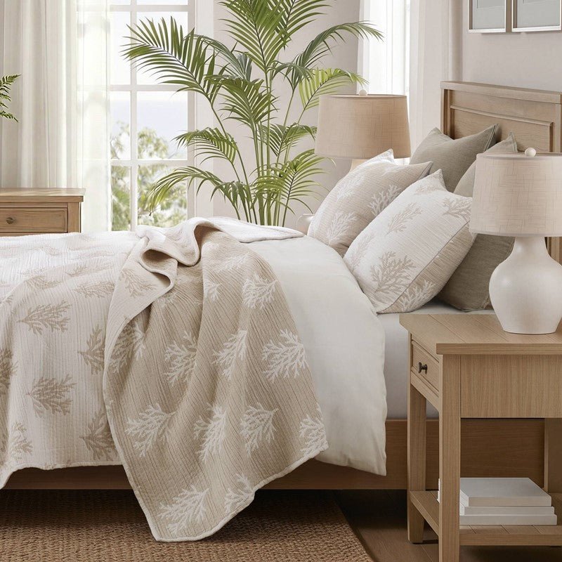 Mia Coastal Coral Reversible Jacquard Quilt Set | 3 - Piece | Tan/Grey - Quahog Bay Bedding