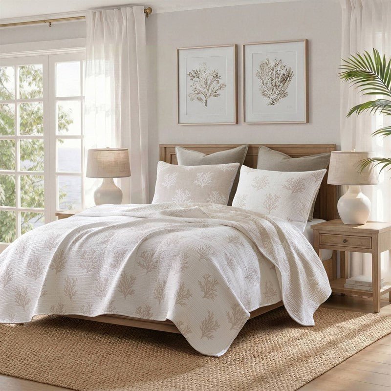 Mia Coastal Coral Reversible Jacquard Quilt Set | 3 - Piece | Tan/Grey - Quahog Bay Bedding