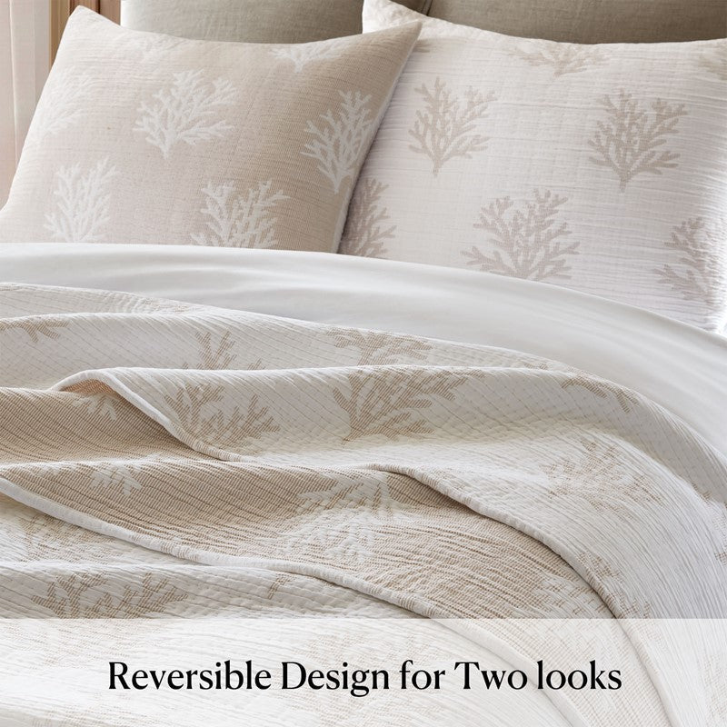 Mia Coastal Coral Reversible Jacquard Quilt Set | 3 - Piece | Tan/Grey - Quahog Bay Bedding