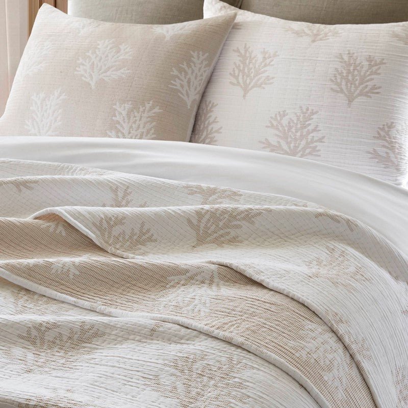 Mia Coastal Coral Reversible Jacquard Quilt Set | 3 - Piece | Tan/Grey - Quahog Bay Bedding