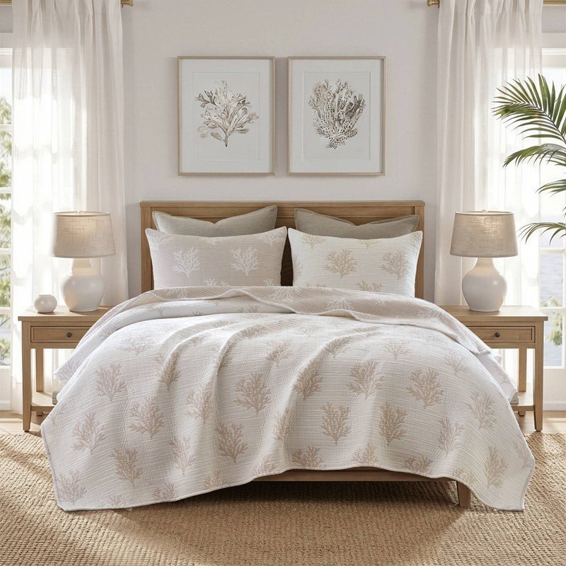 Mia Coastal Coral Reversible Jacquard Quilt Set | 3 - Piece | Tan/Grey - Quahog Bay Bedding