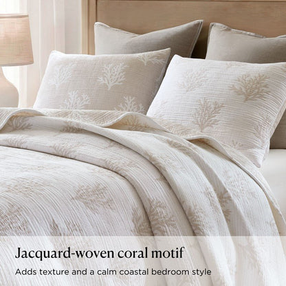 Mia Coastal Coral Reversible Jacquard Quilt Set | 3 - Piece | Tan/Grey - Quahog Bay Bedding