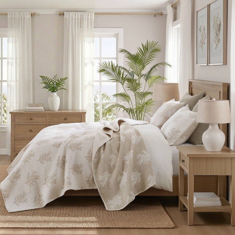 Mia Coastal Coral Reversible Jacquard Quilt Set | 3 - Piece | Tan/Grey - Quahog Bay Bedding
