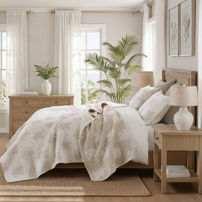 Mia Coastal Coral Reversible Jacquard Quilt Set | 3 - Piece | Tan/Grey - Quahog Bay Bedding