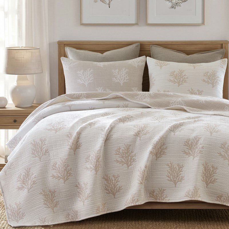 Mia Coastal Coral Reversible Jacquard Quilt Set | 3 - Piece | Tan/Grey - Quahog Bay Bedding