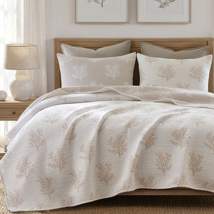 Mia Coastal Coral Reversible Jacquard Quilt Set | 3 - Piece | Tan/Grey - Quahog Bay Bedding