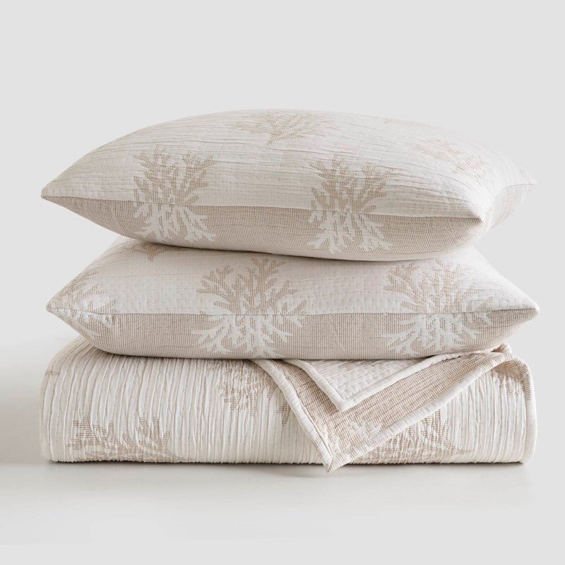 Mia Coastal Coral Reversible Jacquard Quilt Set | 3 - Piece | Tan/Grey - Quahog Bay Bedding