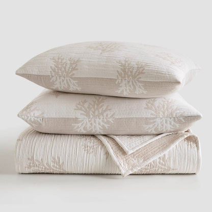 Mia Coastal Coral Reversible Jacquard Quilt Set | 3 - Piece | Tan/Grey - Quahog Bay Bedding