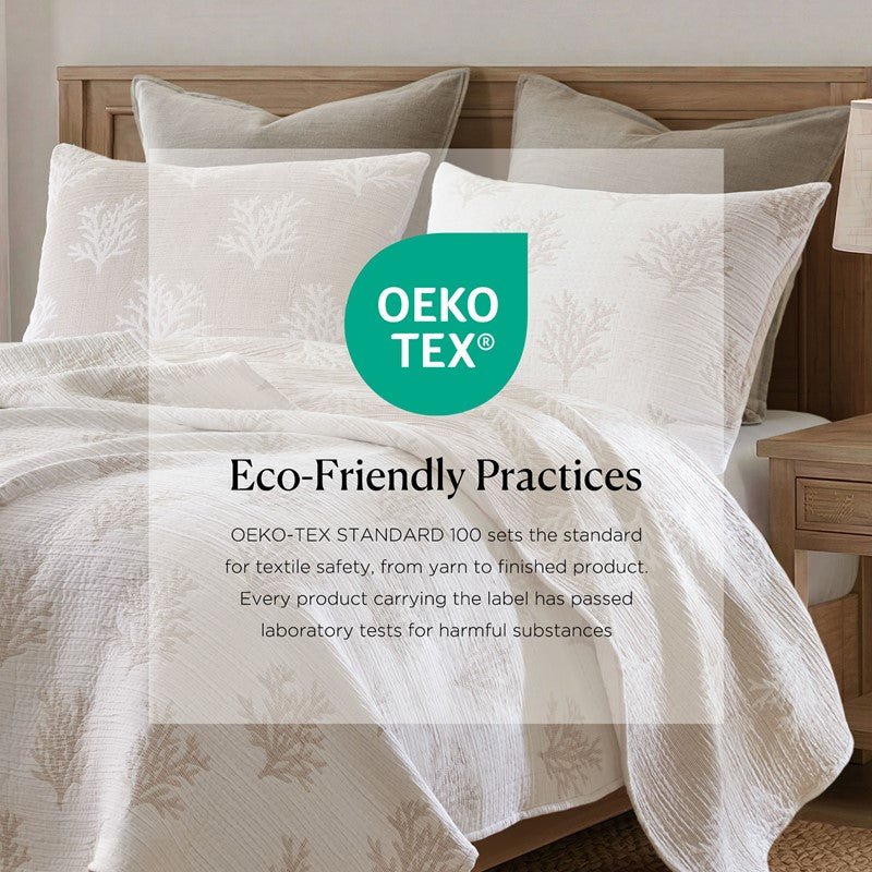 Mia Coastal Coral Reversible Jacquard Quilt Set | 3 - Piece | Tan/Grey - Quahog Bay Bedding