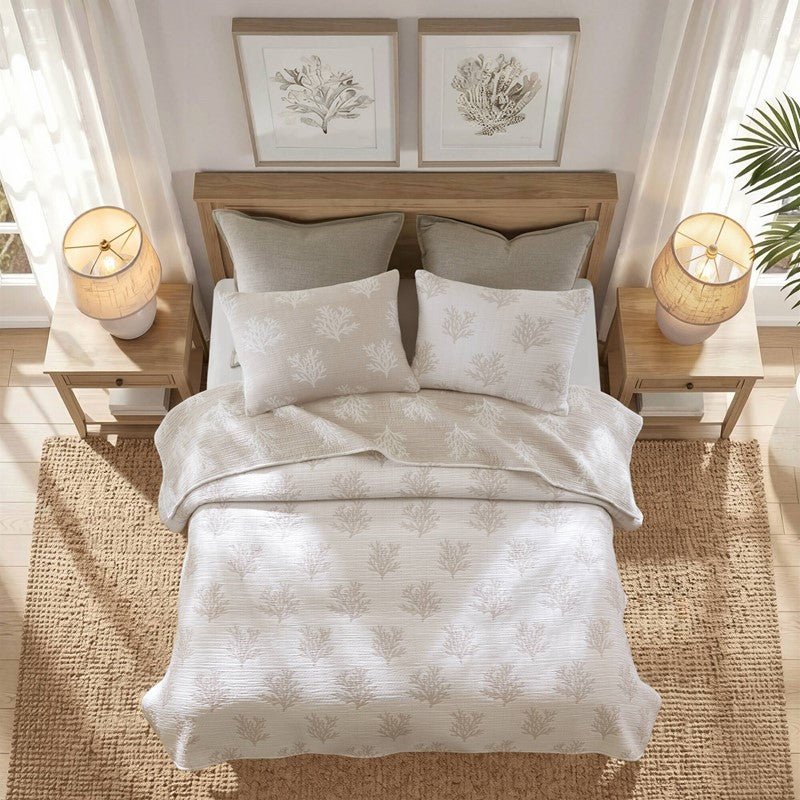 Mia Coastal Coral Reversible Jacquard Quilt Set | 3 - Piece | Tan/Grey - Quahog Bay Bedding