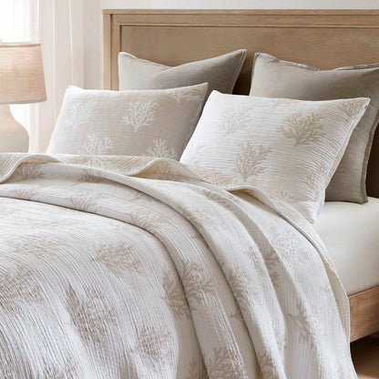Mia Coastal Coral Reversible Jacquard Quilt Set | 3 - Piece | Tan/Grey - Quahog Bay Bedding