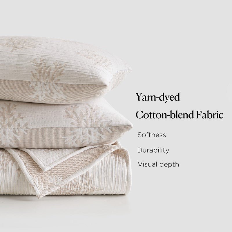 Mia Coastal Coral Reversible Jacquard Quilt Set | 3 - Piece | Tan/Grey - Quahog Bay Bedding