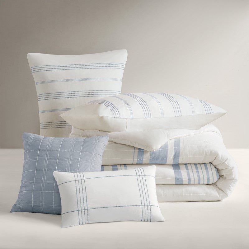 Morgan Coastal Cotton Jacquard Duvet Cover Set - French Blue & White or Grey | 5-Piece - Quahog Bay Bedding