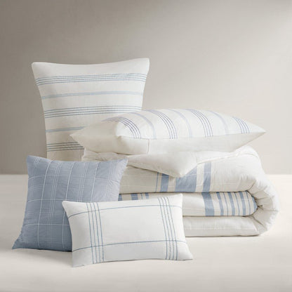 Morgan Coastal Cotton Jacquard Duvet Cover Set - French Blue & White or Grey | 5-Piece - Quahog Bay Bedding