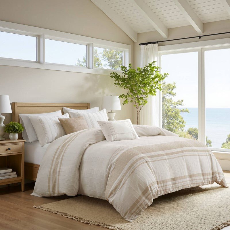 Morgan Coastal Cotton Jacquard Duvet Cover Set - French Blue & White or Grey | 5-Piece - Quahog Bay Bedding