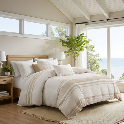 Morgan Coastal Cotton Jacquard Duvet Cover Set - French Blue & White or Grey | 5-Piece - Quahog Bay Bedding