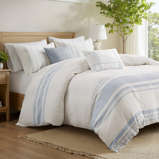 Morgan Coastal Cotton Jacquard Duvet Cover Set - French Blue & White or Grey | 5-Piece - Quahog Bay Bedding
