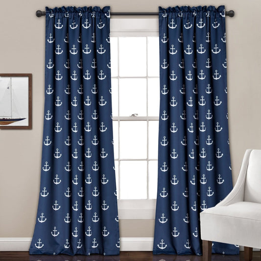 Nautical Anchor Curtains - Light Filtering Window Curtain Set - Quahog Bay Bedding