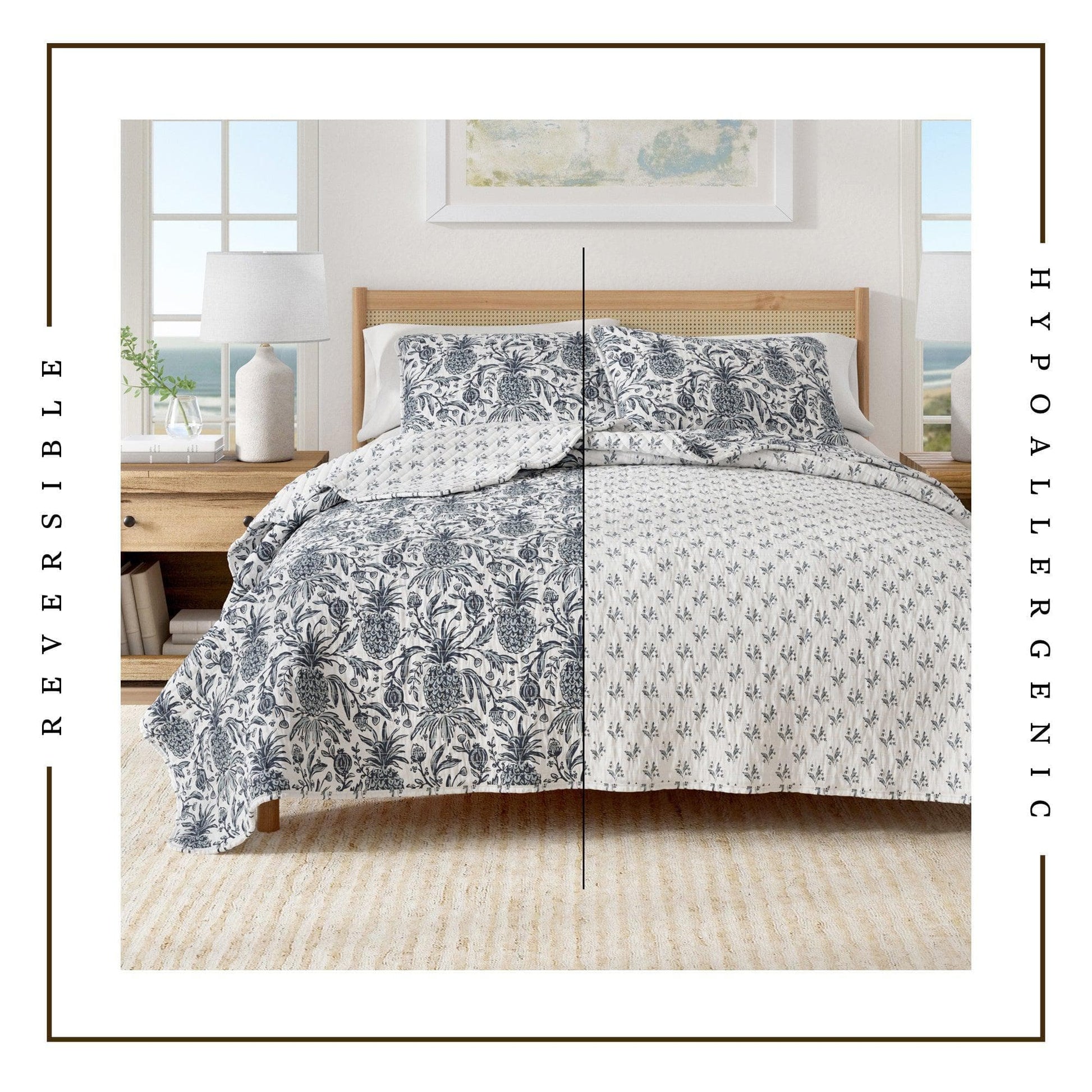 Nautical Printed Cotton Quilt Set - Navy & White Pineapple Themed Bedding - Quahog Bay Bedding