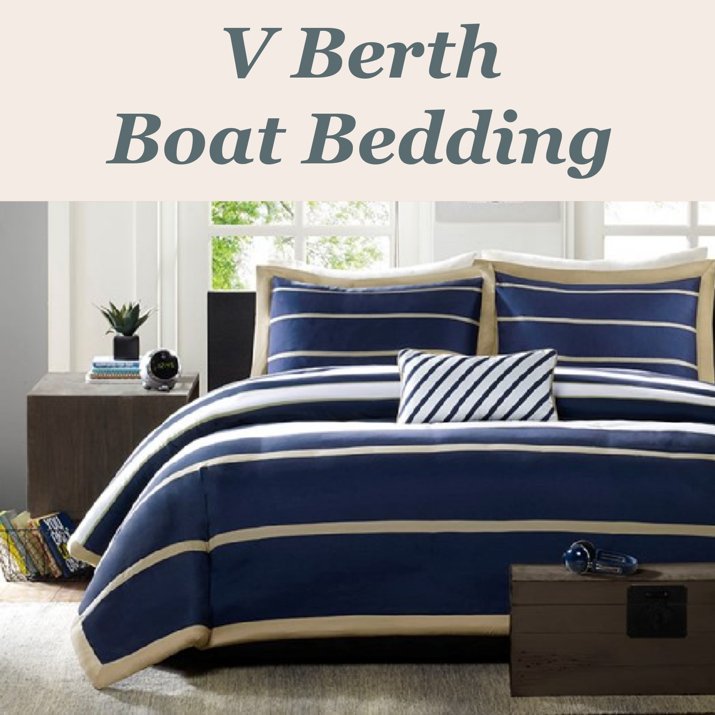 USA Luxury Boat Bedding V-Berth Duvet Set -  Navy Khaki Stripe 4PC Duvet Cover Set - Boat Duvet