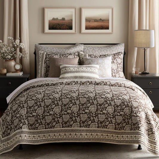 New! Adare Coastal Floral Quilt Set - Cocoa - Quahog Bay Bedding