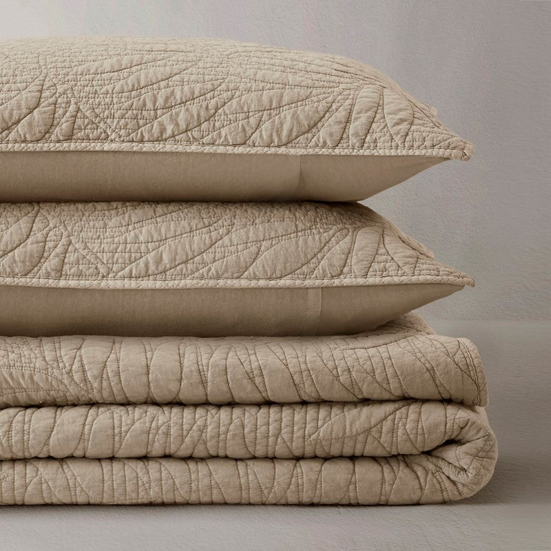 New! Botanical Leaves 3 Piece Cotton Quilt Set - Floral Quilt Sets - Linen - Quahog Bay Bedding