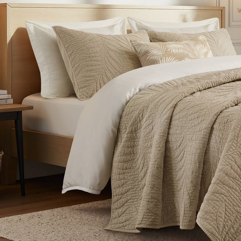 New! Botanical Leaves 3 Piece Cotton Quilt Set - Floral Quilt Sets - Linen - Quahog Bay Bedding