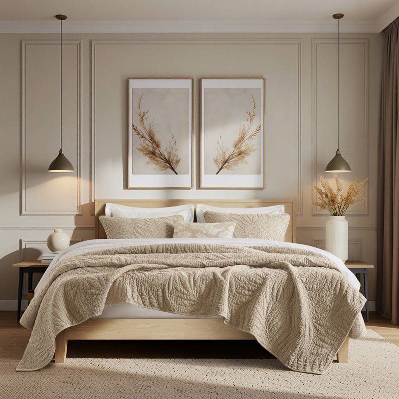 New! Botanical Leaves 3 Piece Cotton Quilt Set - Floral Quilt Sets - Linen - Quahog Bay Bedding