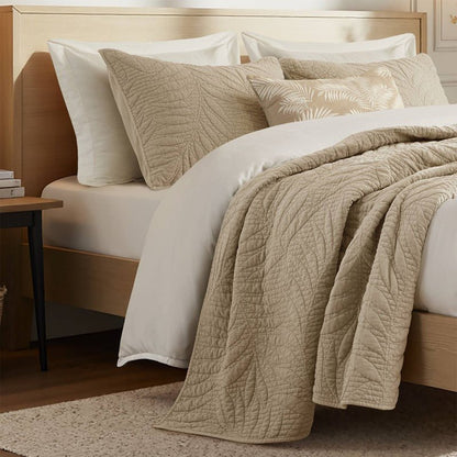 New! Botanical Leaves 3 Piece Cotton Quilt Set - Floral Quilt Sets - Linen - Quahog Bay Bedding