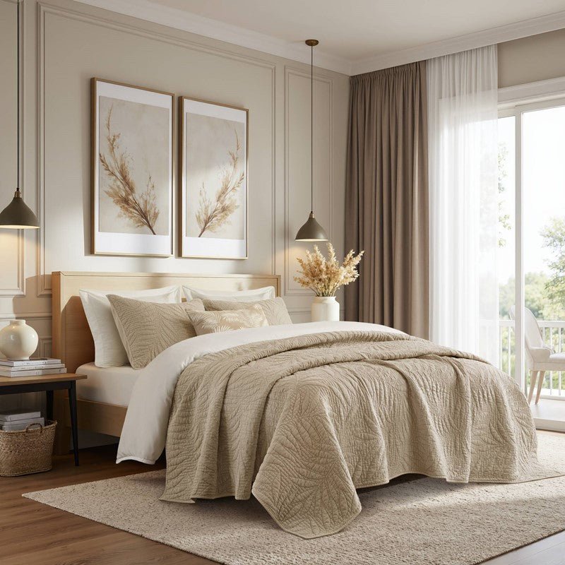 New! Botanical Leaves 3 Piece Cotton Quilt Set - Floral Quilt Sets - Linen - Quahog Bay Bedding