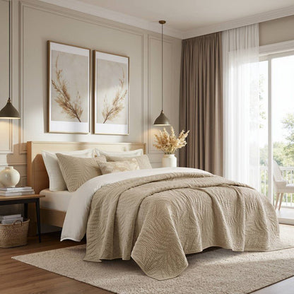 New! Botanical Leaves 3 Piece Cotton Quilt Set - Floral Quilt Sets - Linen - Quahog Bay Bedding