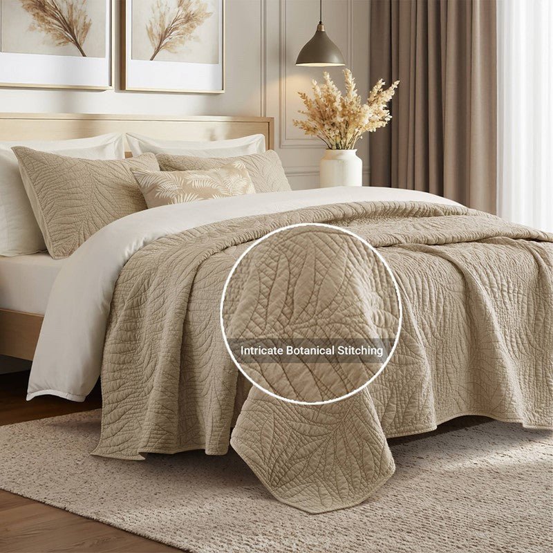 New! Botanical Leaves 3 Piece Cotton Quilt Set - Floral Quilt Sets - Linen - Quahog Bay Bedding