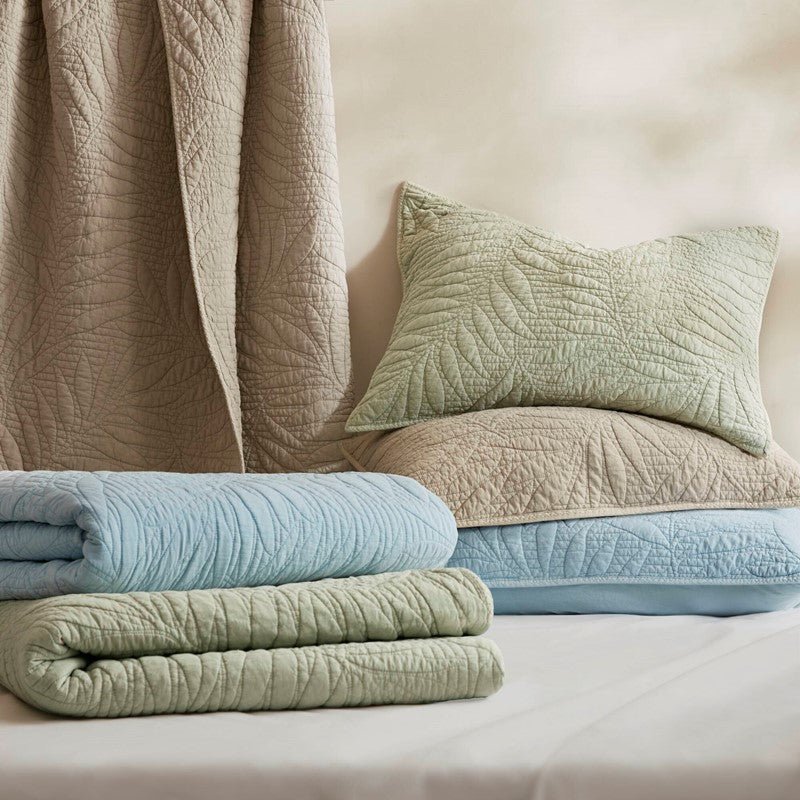 New! Botanical Leaves 3 Piece Cotton Quilt Set - Floral Quilt Sets - Linen - Quahog Bay Bedding