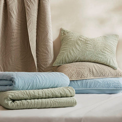 New! Botanical Leaves 3 Piece Cotton Quilt Set - Floral Quilt Sets - Linen - Quahog Bay Bedding