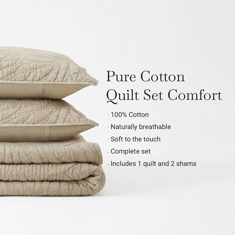 New! Botanical Leaves 3 Piece Cotton Quilt Set - Floral Quilt Sets - Linen - Quahog Bay Bedding