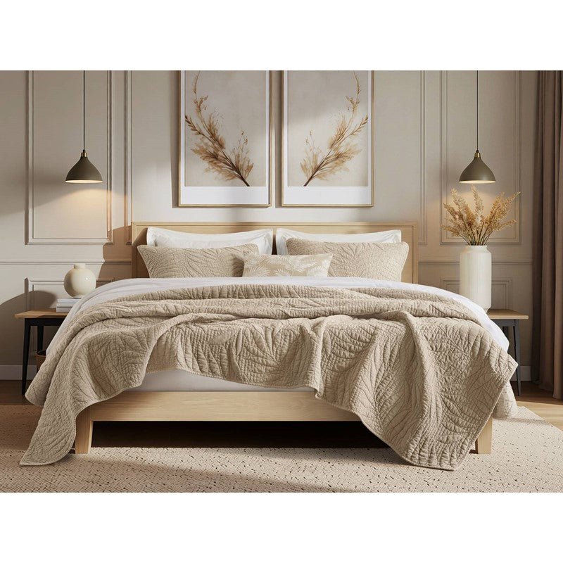 New! Botanical Leaves 3 Piece Cotton Quilt Set - Floral Quilt Sets - Linen - Quahog Bay Bedding