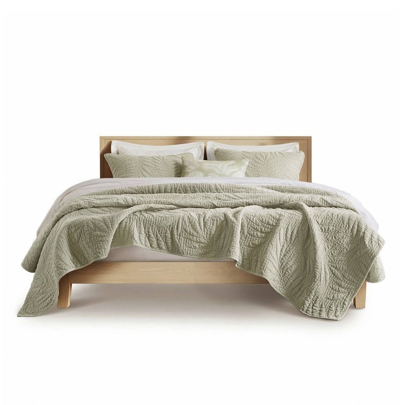 New! Botanical Leaves 3 Piece Cotton Quilt Set - Floral Quilt Sets - Sage - Quahog Bay Bedding