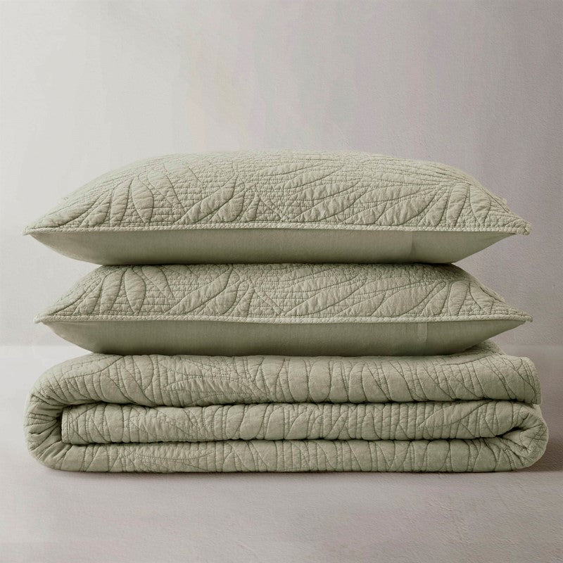 New! Botanical Leaves 3 Piece Cotton Quilt Set - Floral Quilt Sets - Sage - Quahog Bay Bedding