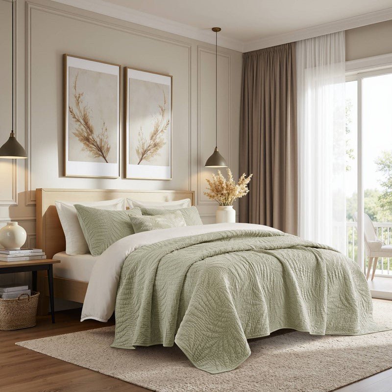 New! Botanical Leaves 3 Piece Cotton Quilt Set - Floral Quilt Sets - Sage - Quahog Bay Bedding