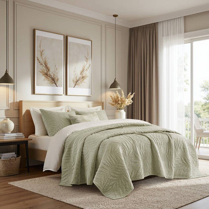 New! Botanical Leaves 3 Piece Cotton Quilt Set - Floral Quilt Sets - Sage - Quahog Bay Bedding