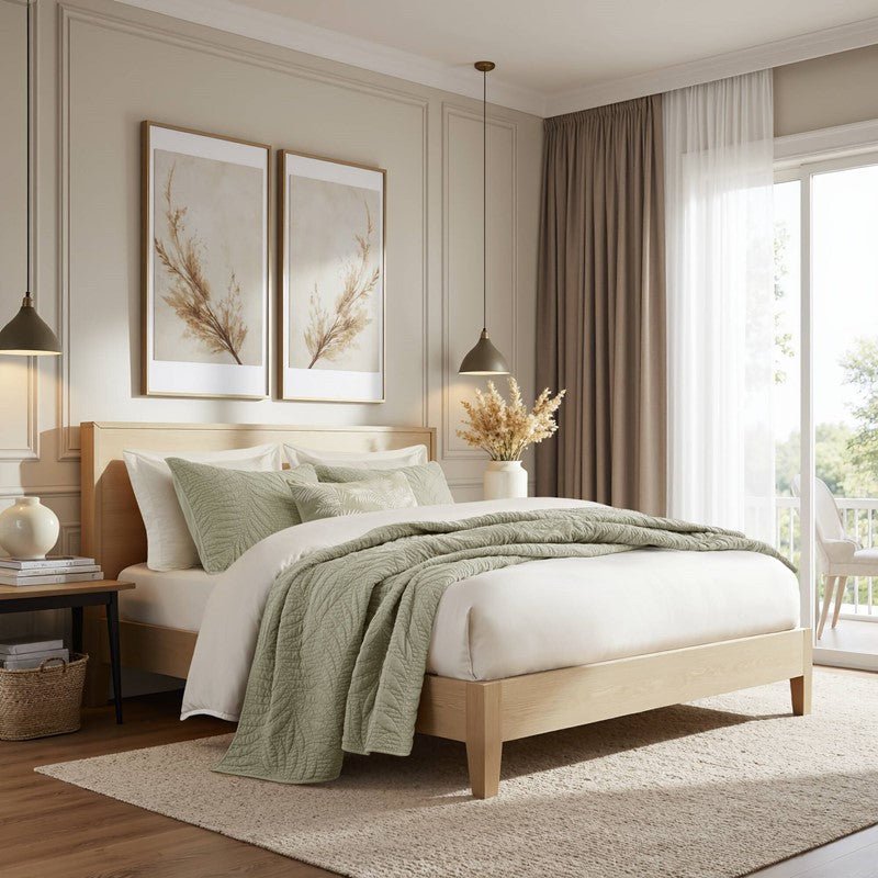 New! Botanical Leaves 3 Piece Cotton Quilt Set - Floral Quilt Sets - Sage - Quahog Bay Bedding