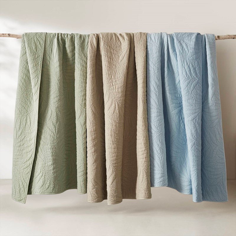 New! Botanical Leaves 3 Piece Cotton Quilt Set - Floral Quilt Sets - Sage - Quahog Bay Bedding