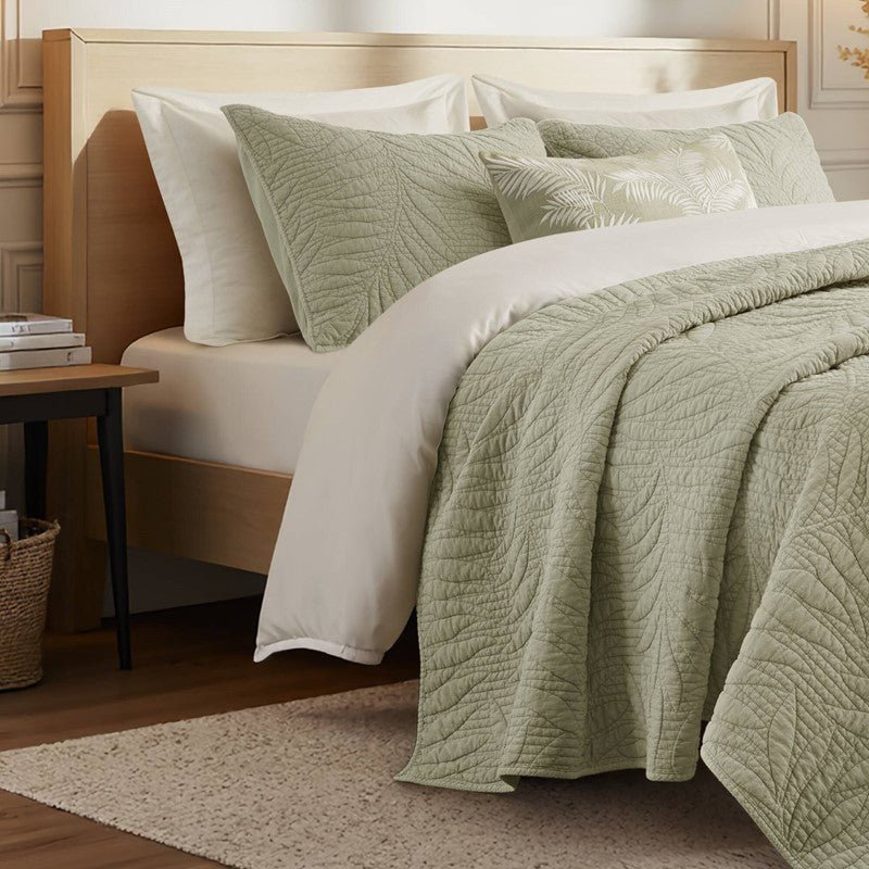 New! Botanical Leaves 3 Piece Cotton Quilt Set - Floral Quilt Sets - Sage - Quahog Bay Bedding