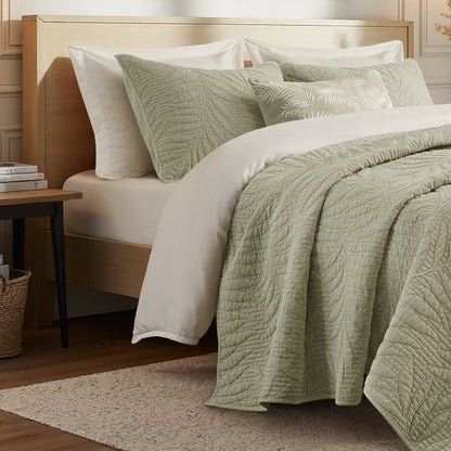 New! Botanical Leaves 3 Piece Cotton Quilt Set - Floral Quilt Sets - Sage - Quahog Bay Bedding
