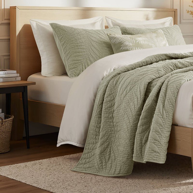 New! Botanical Leaves 3 Piece Cotton Quilt Set - Floral Quilt Sets - Sage - Quahog Bay Bedding