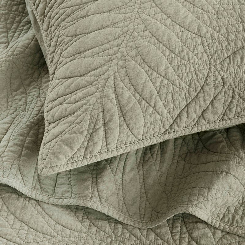 New! Botanical Leaves 3 Piece Cotton Quilt Set - Floral Quilt Sets - Sage - Quahog Bay Bedding