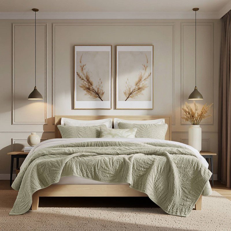 New! Botanical Leaves 3 Piece Cotton Quilt Set - Floral Quilt Sets - Sage - Quahog Bay Bedding